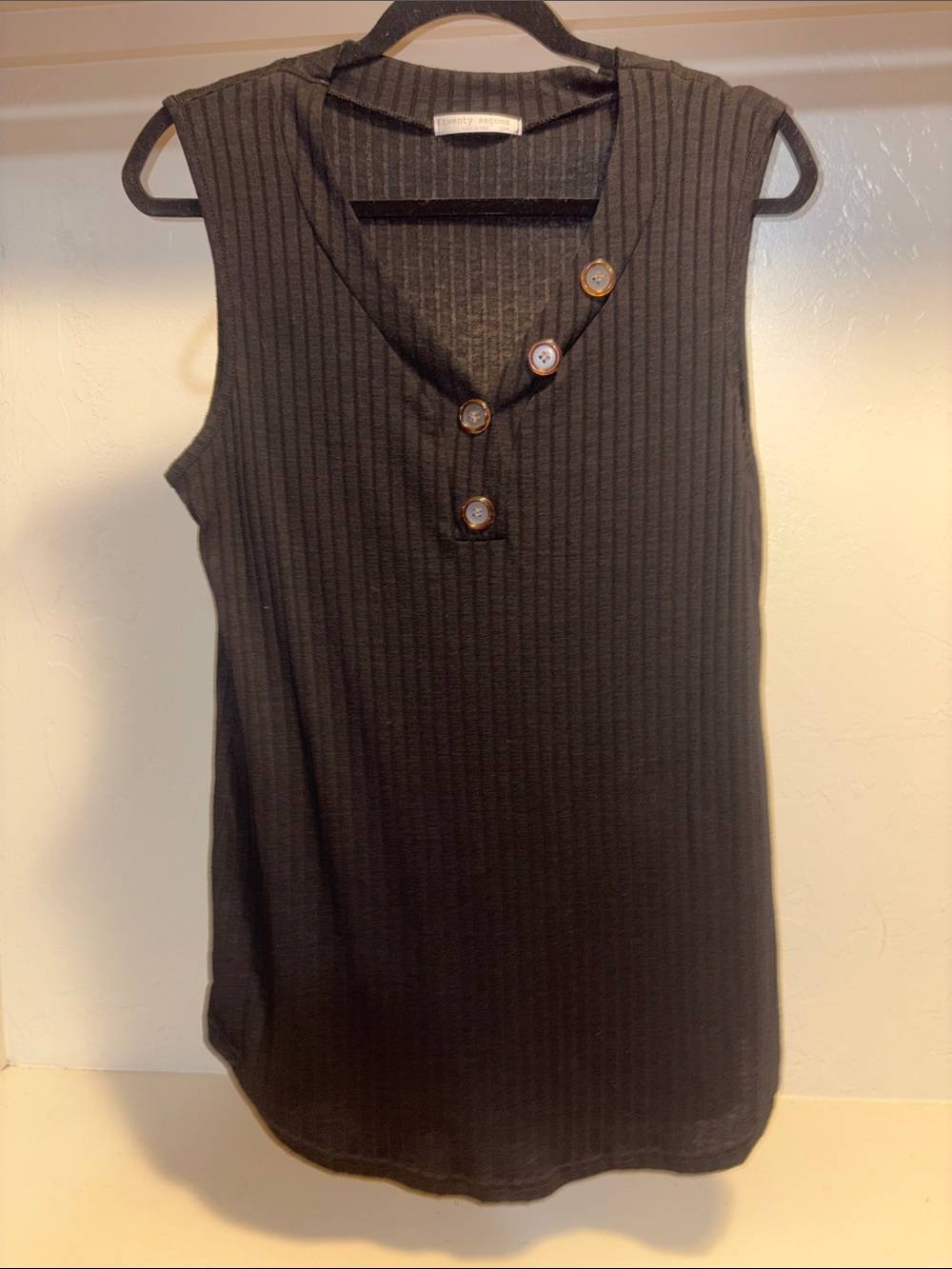 twenty second Black Ribbed Sleeveless Henley Tank with Accent Buttons